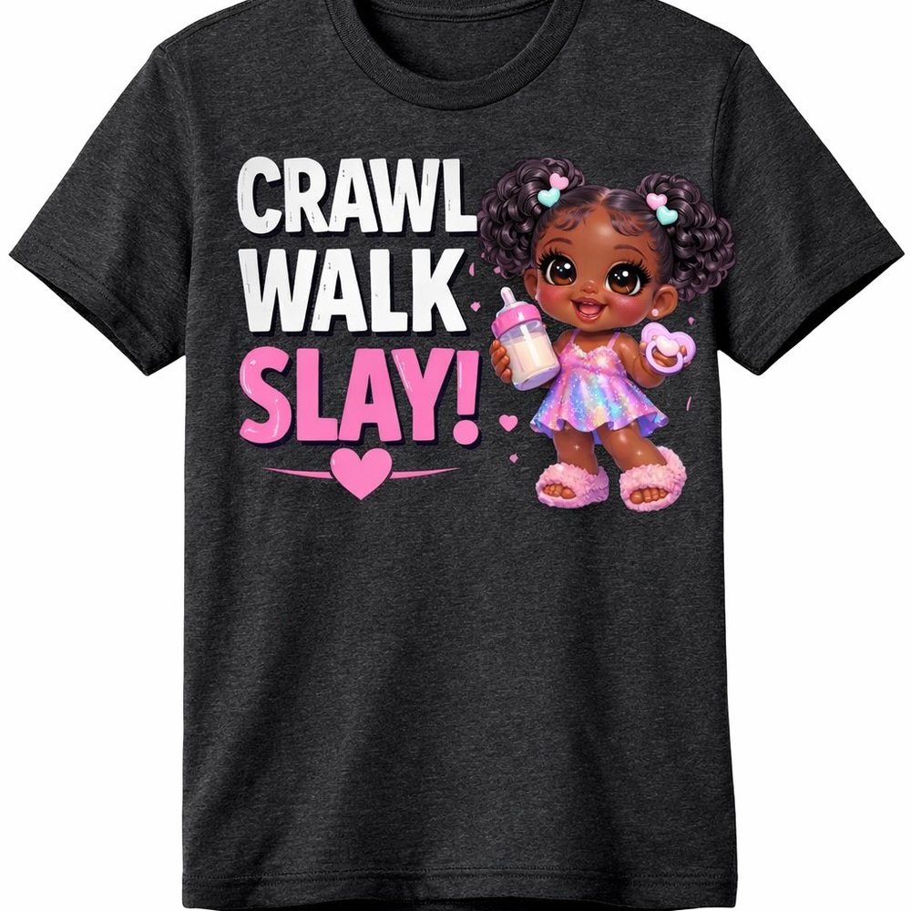 Crawl Walk Slay! Graphic Tee with Cute Doll Print - Black & Pink